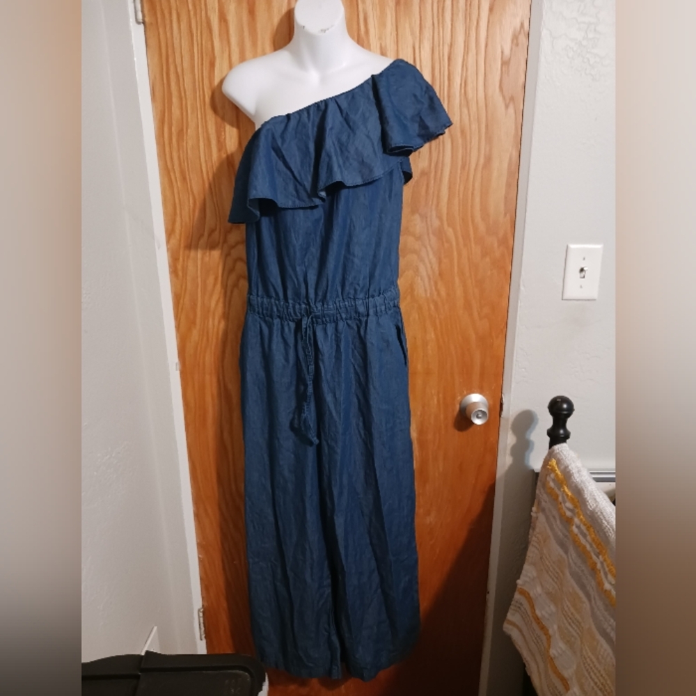 Westport One Shoulder Ruffle Drawstring  Chambray Jumpsuit  12 NWT